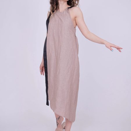 Beige Draped Midi Dress – Loose Fit with Contrast Strap Detail, Everyday Chic Outfit