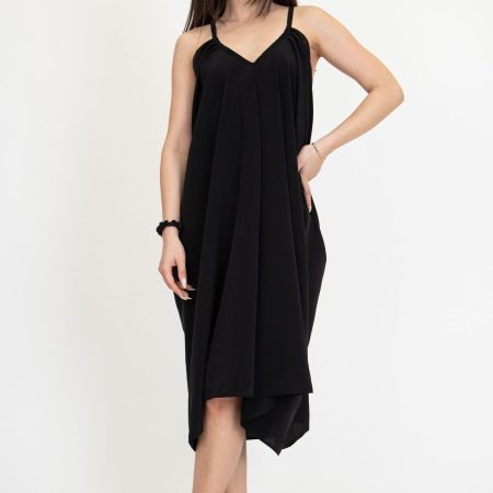 Black Draped Midi Dress – Spaghetti Straps, Swingy Shape, Elegant Casual Dress