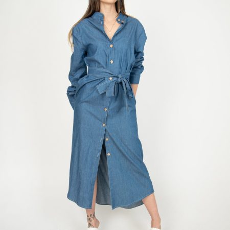 Blue Denim Button-Down Dress – Collared Shirt Dress with Tie Waist, Everyday Midi