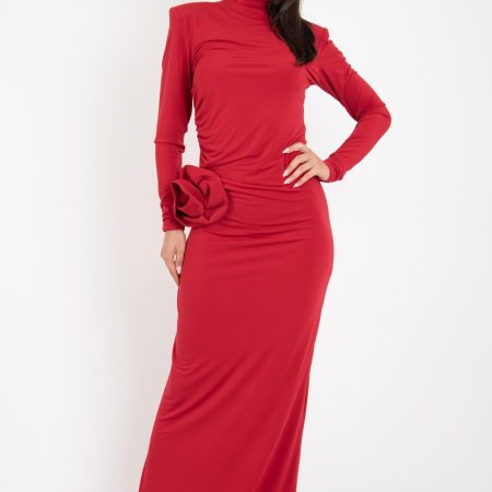 Burgundy/Red Long Sleeve Maxi Dress – High Neck, Slim Fit, Floral Accent at Hip