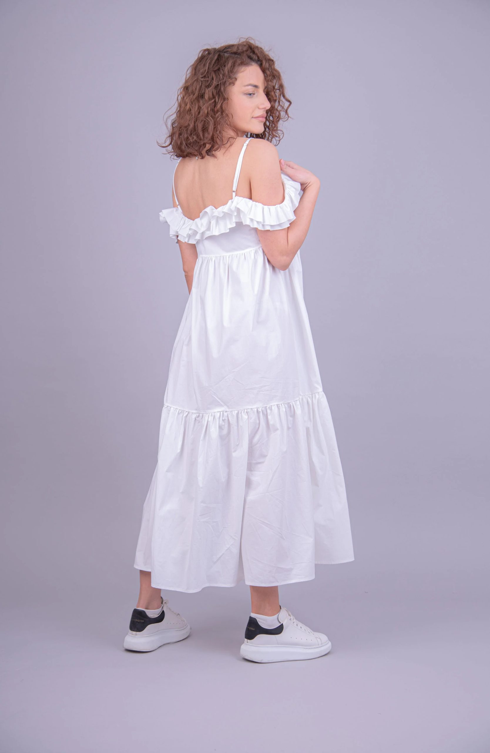 Cottagecore White Ruffle Dress – Off-Shoulder Short Sleeves, Breezy Tiered Skirt