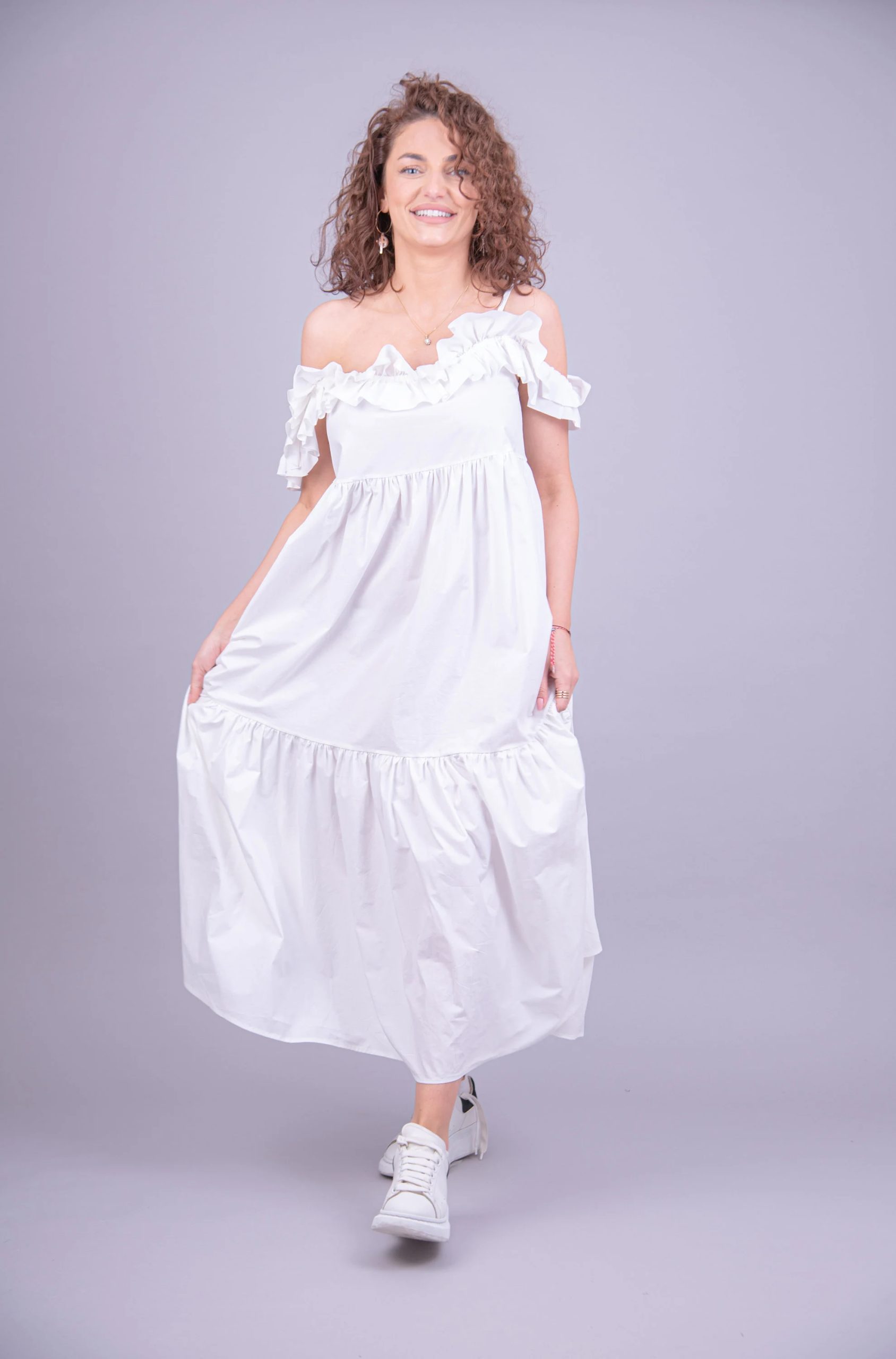 Cottagecore White Ruffle Dress – Off-Shoulder Short Sleeves, Breezy Tiered Skirt