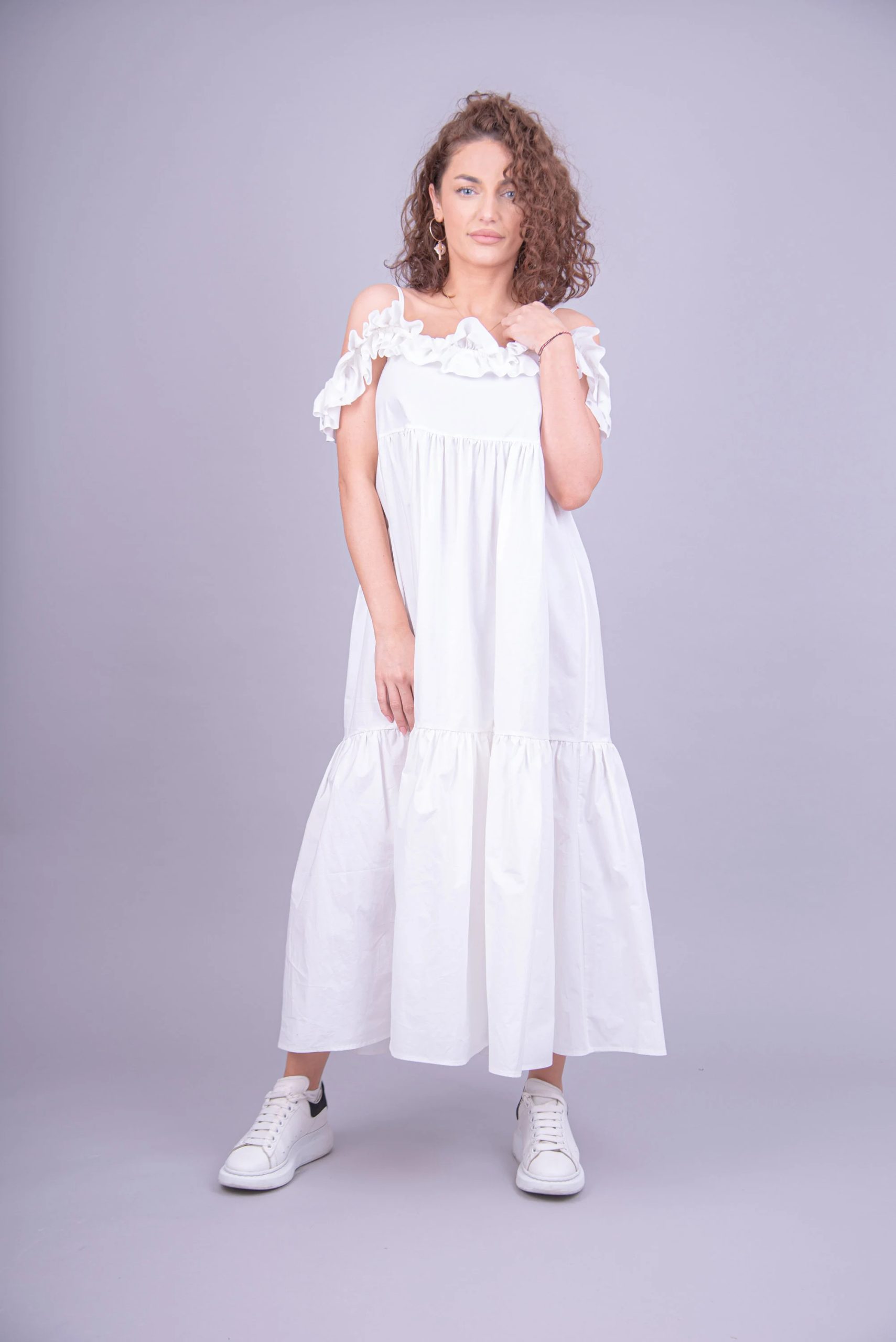 Cottagecore White Ruffle Dress – Off-Shoulder Short Sleeves, Breezy Tiered Skirt