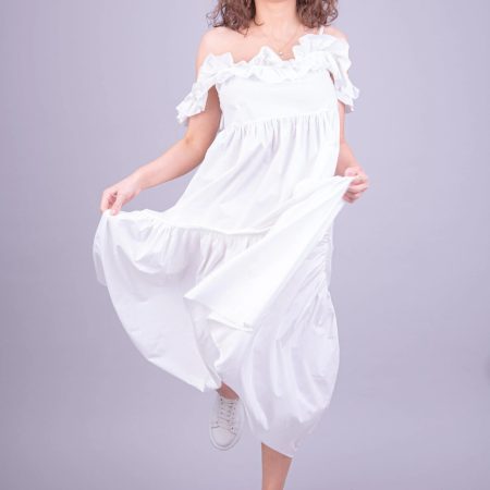 Cottagecore White Ruffle Dress – Off-Shoulder Short Sleeves, Breezy Tiered Skirt