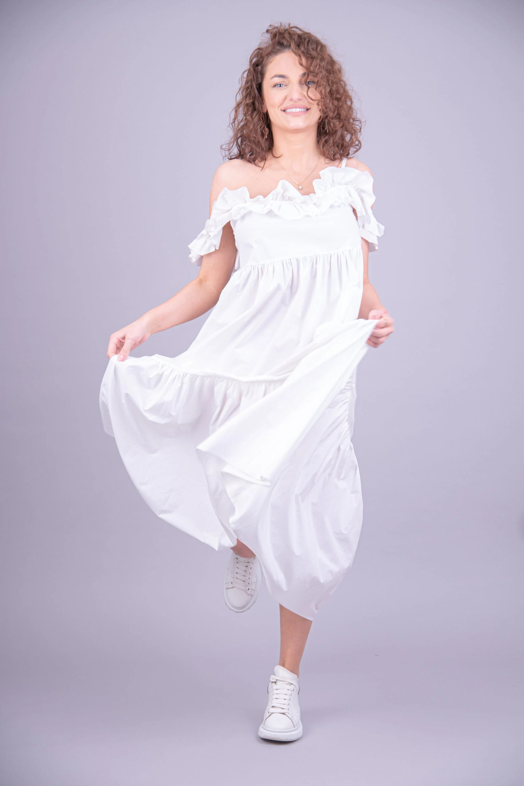Cottagecore White Ruffle Dress – Off-Shoulder Short Sleeves, Breezy Tiered Skirt