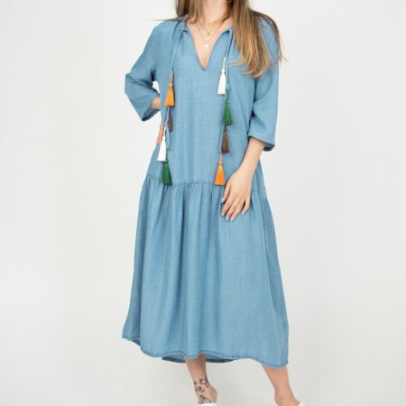 Denim Blue Boho Midi Dress – Tassel Neck Ties, Flowy Ruffle Hem, Easy Vacation Dress