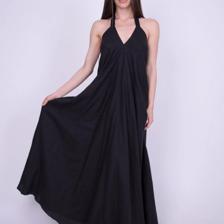 Elegant Black Halter Maxi Dress – Draped Bodice, Statement Full-Length Skirt