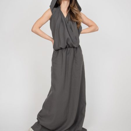 Gray Hooded Sleeveless Maxi Dress – Draped Front, Relaxed Fit, Modern Minimal Look