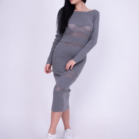 Gray Knit Bodycon Dress – Mesh Panel Bands, Figure-Hugging Fit, Minimalist Midi