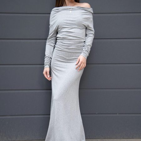 Heather Gray Boat Neck Maxi Dress – Long Sleeve, Slim Fit, Soft Draped Ruching