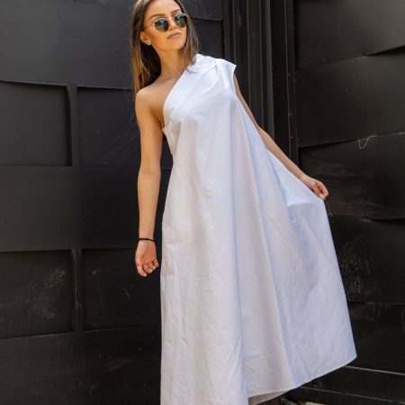 Minimal White One-Shoulder Long Dress – Relaxed Draped Fit, Modern Resort Maxi