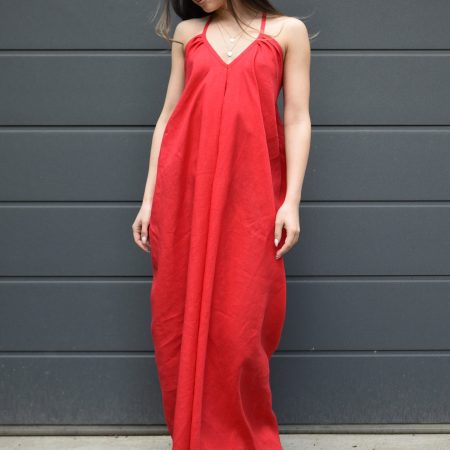 Minimalist Red Halter Maxi Dress – Swingy Oversized Shape, Easy Beach-to-Dinner Look