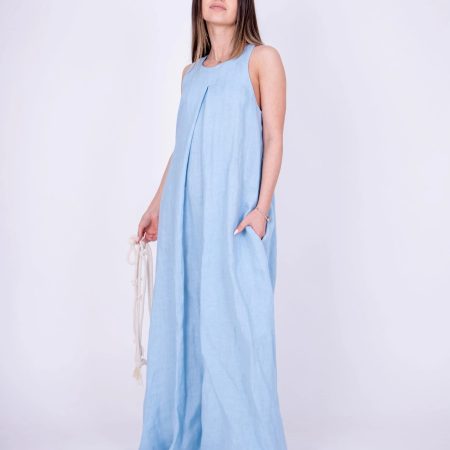 Minimalist Sleeveless Long Dress – Airy Swing Maxi in Soft Blue