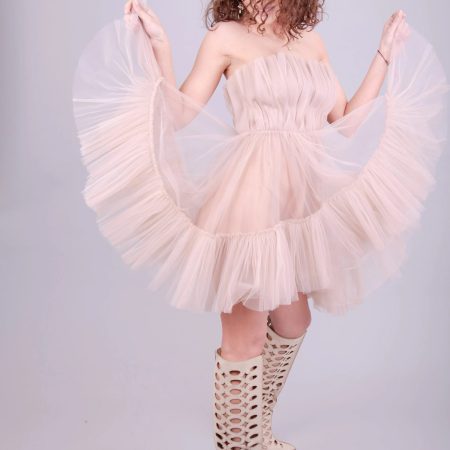 Nude Pink Strapless Mini Dress – Soft Tulle Layers, Gathered Top, Sweet Party Look