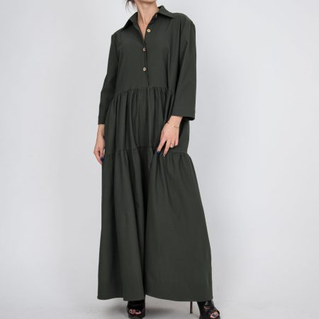 Olive Green Button-Up Maxi Dress – Tiered Skirt, Loose Fit, Minimalist Shirt Dress