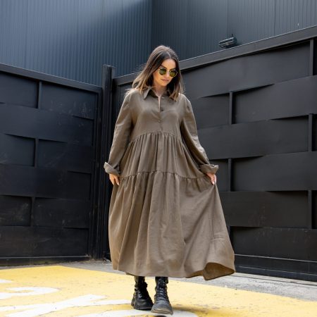 Relaxed Tiered Maxi Dress – Long Sleeve, Button Front, Soft Volume Cottagecore Style