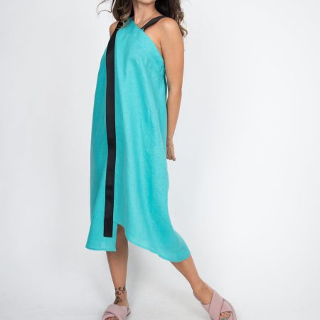 Teal Halter Shift Dress – Loose Draped Silhouette, Minimalist Contrast Trim Midi Dress