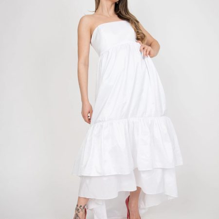 White Bandeau High-Low Dress – Breezy Tiered Hem, Romantic Resort Maxi